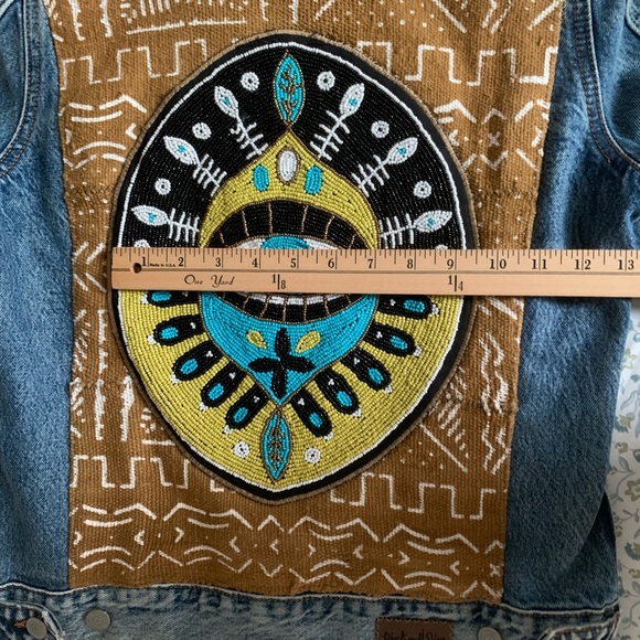 Lucky Brand Tomboy Trucker Denim Jacket Boho Mud Cloth Evil Eye M - Picture 9 of 16